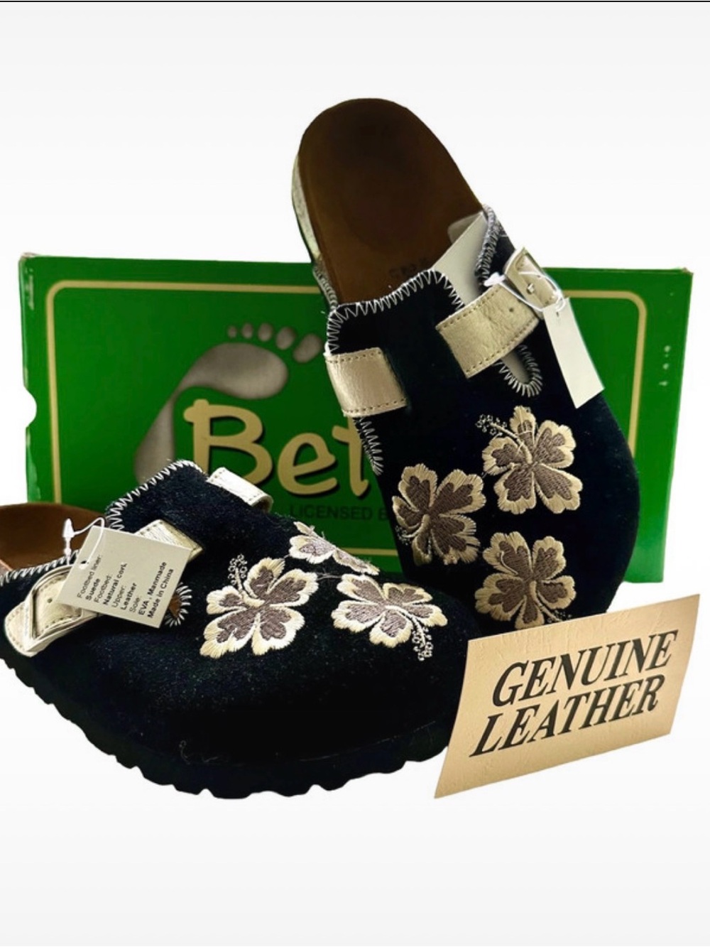 NIB Y2K Betula Black Suede Floral Embroidered Clogs